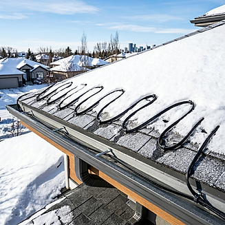 Heavy-duty self-regulating roof heat trace cables cleanly routed through gutters and downspouts to prevent Calgary ice dams.