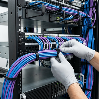 An Electrek certified electrician cleanly organizing and terminating structured Cat6 data communication lines inside a Calgary server rack network panel.