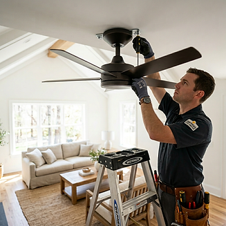 An Electrek Master Electrician safely wiring and securing a modern high-efficiency ceiling fan installation inside a Calgary residence.