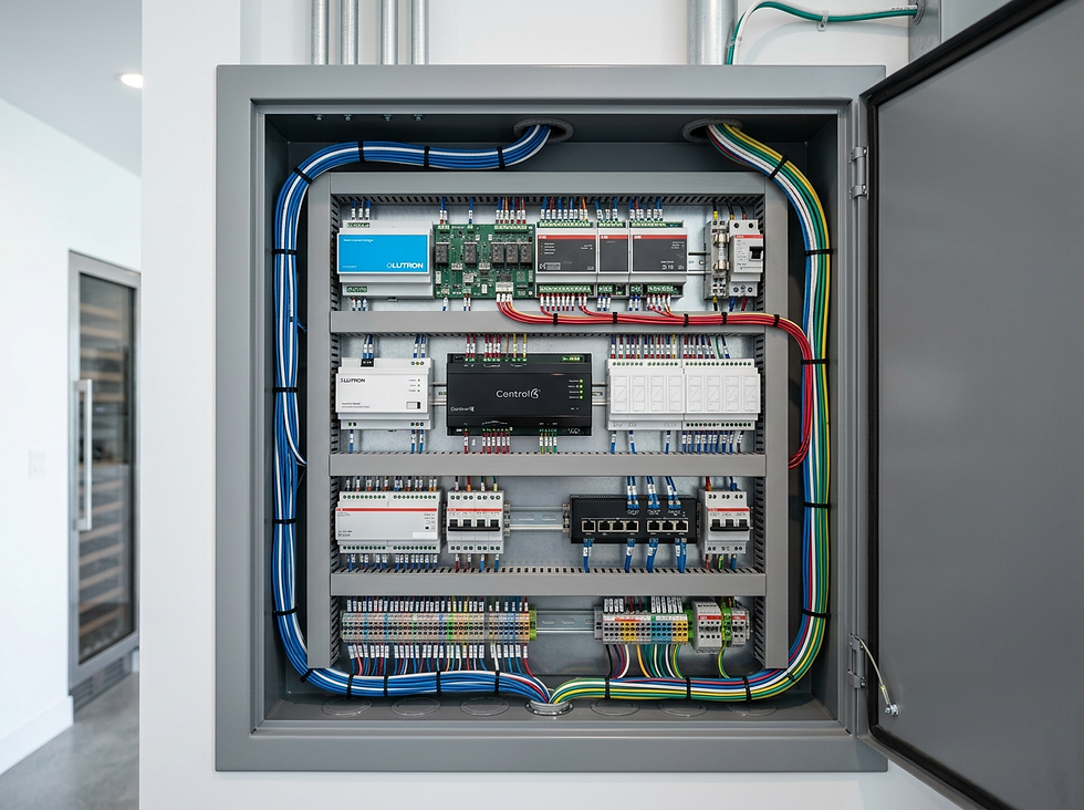 A professional interior close-up of a cleanly wired, modern residential automation control panel featuring low-voltage relays and digital processors mounted inside a gray steel enclosure.