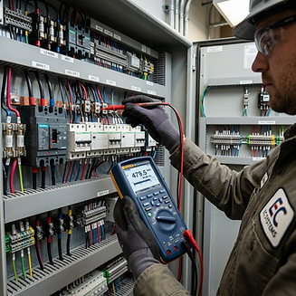An Electrek certified commercial electrician using an advanced diagnostic multimeter to troubleshoot an industrial distribution panel in Calgary.