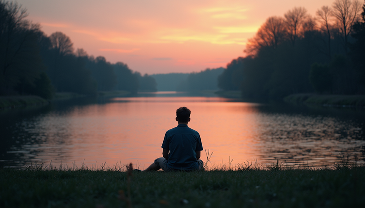 Close-up view of a solitary figure sitting quietly by a river at dusk