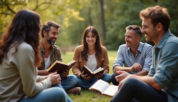 Eye-level view of a small group gathered outdoors studying the Bible