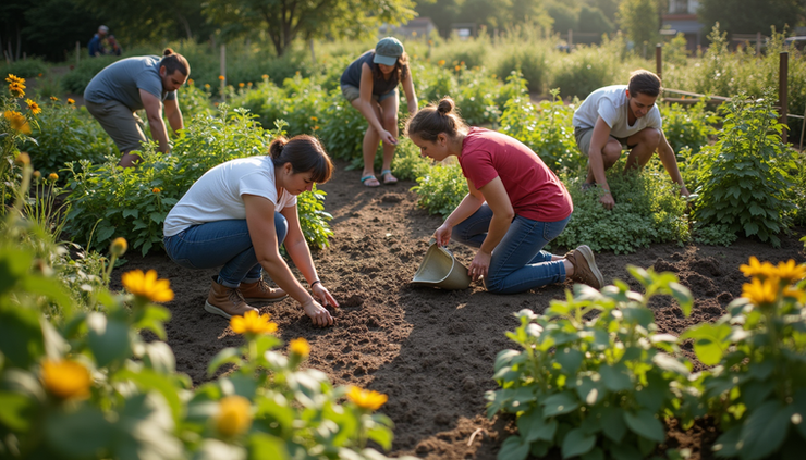 High angle view of a community garden with volunteers planting and working together