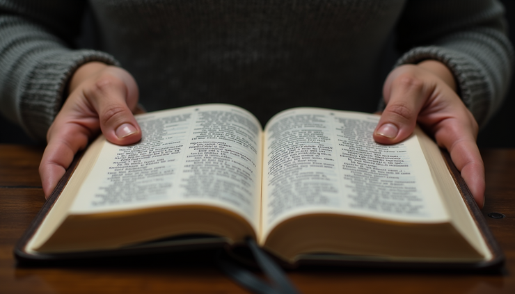 Close-up view of hands holding an open Bible with highlighted scripture