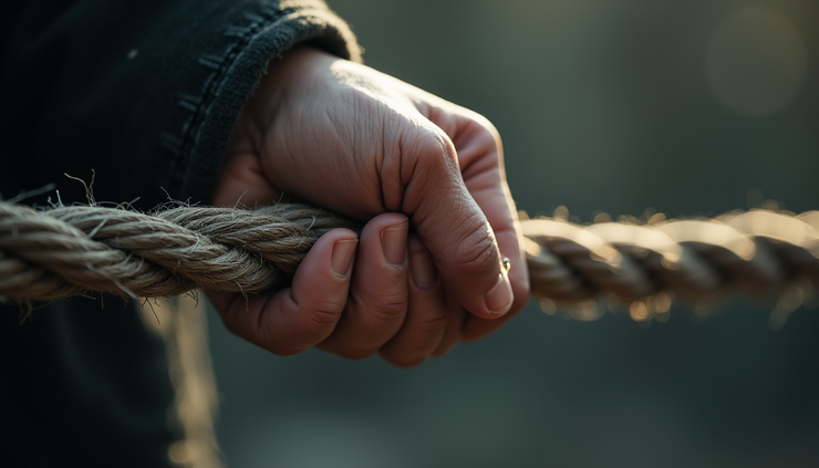 Close-up of a hand gripping tightly on a rough rope during a struggle