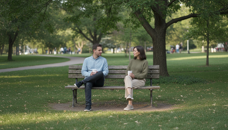 Wide-angle view of two people sitting on a park bench with coffee cups during a calm afternoon.