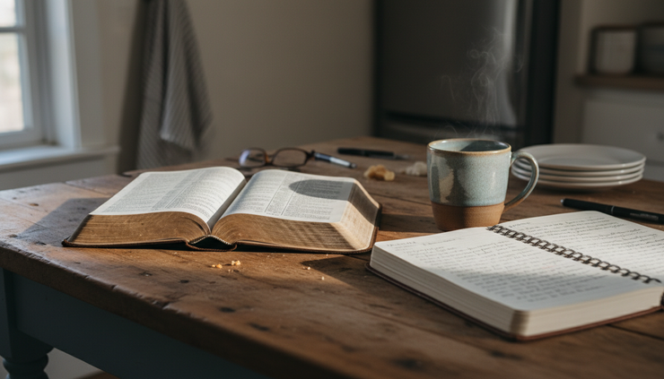 Close-up view of an open Bible beside a handwritten prayer journal on a wooden table.