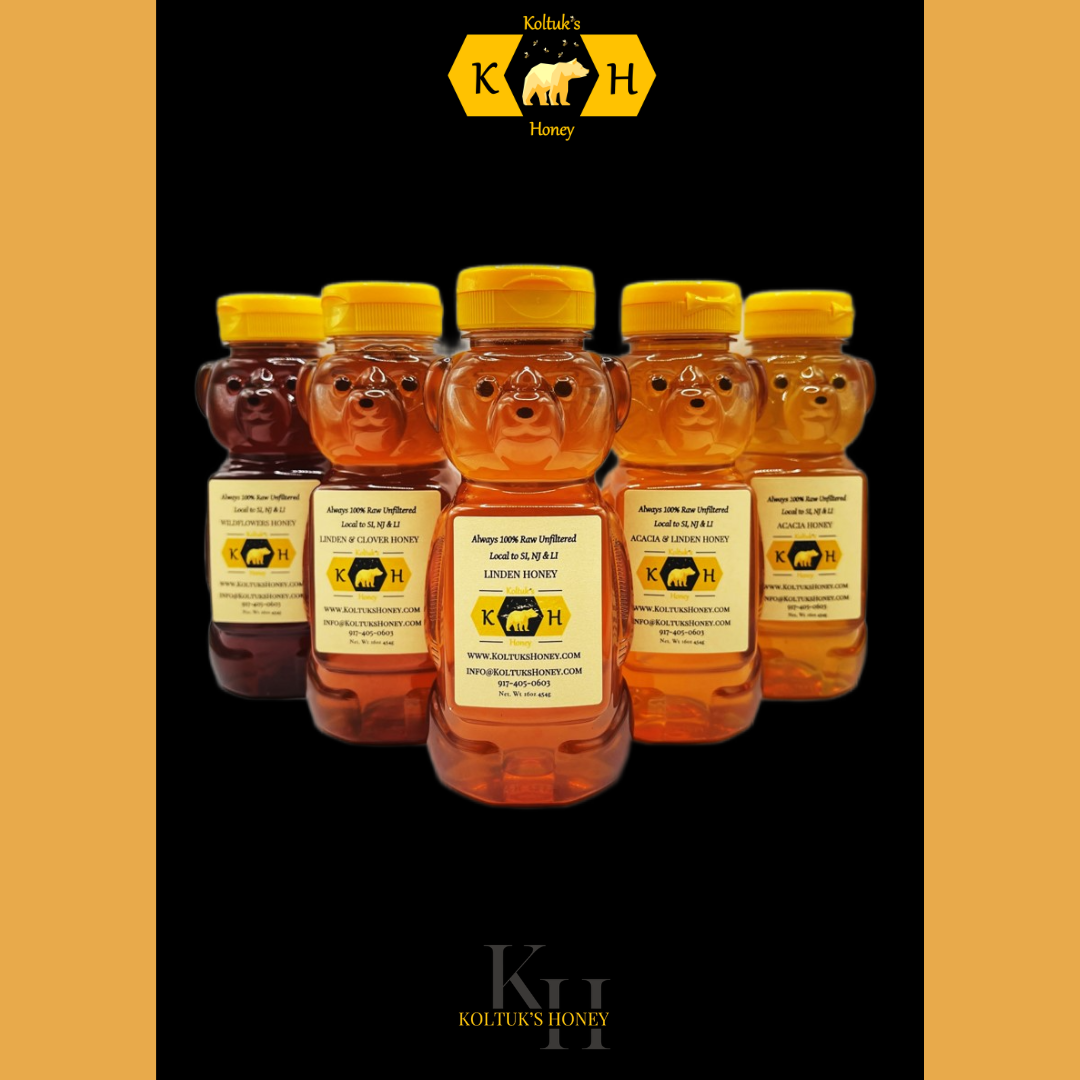Pack of 5 types of honey in bear containers 16oz each
