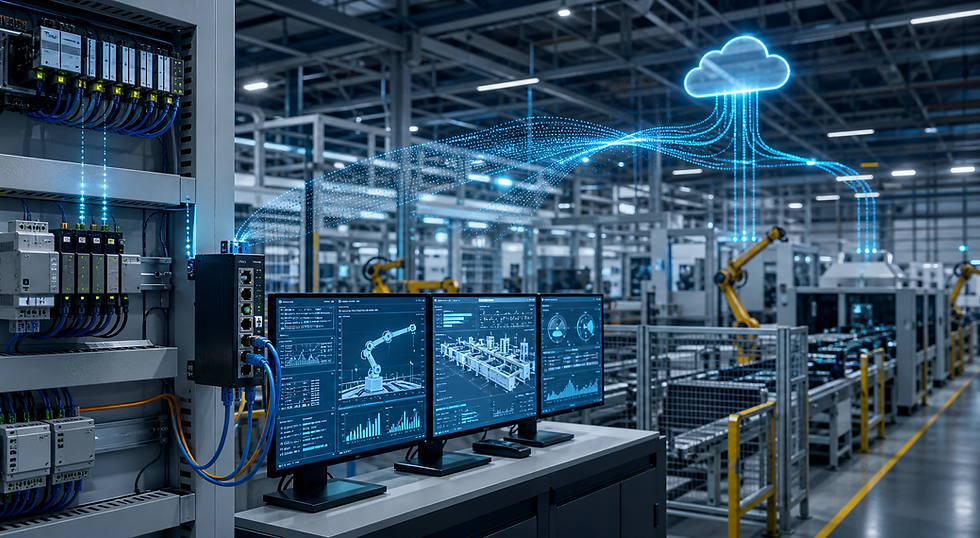 Arquitetura industrial conectando CLPs, edge e nuvem com OPC UA e MQTT