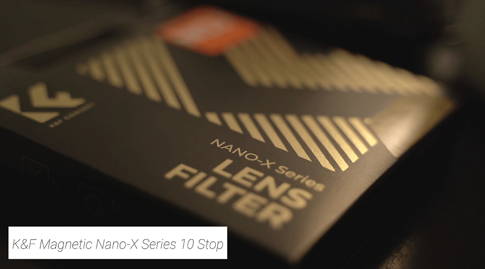 Close-up of a K&F Magnetic Nano-X Series 10 Stop lens filter box with gold geometric design on a dark background.