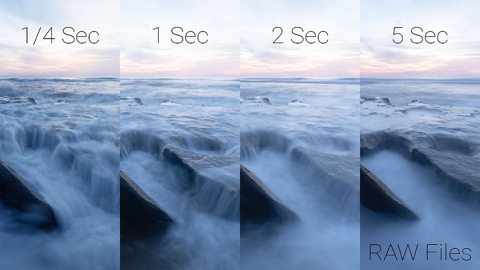 Split seascape comparing 1/4, 1, 2, and 5 sec exposures of waves over rocks at sunrise; RAW Files text.