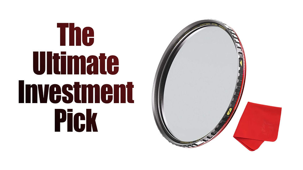 The Ultimate Investment Pick text beside a circular camera lens filter and red pouch on a white background