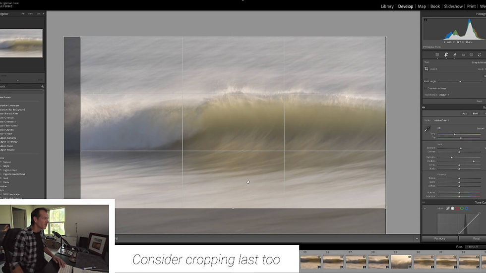 Lightroom editing screen with a crashing wave photo, crop grid, and inset man in a home office; text says Consider cropping last too