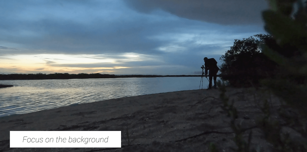 Silhouette of a person with a tripod on a river beach at dusk, under cloudy sky; text reads Focus on the background