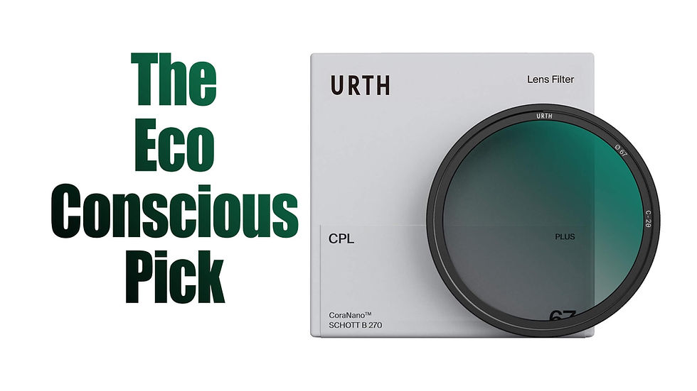 URTH lens filter package with green circular filter and text The Eco Conscious Pick, CPL, CoraNano SCHOTT B 270.