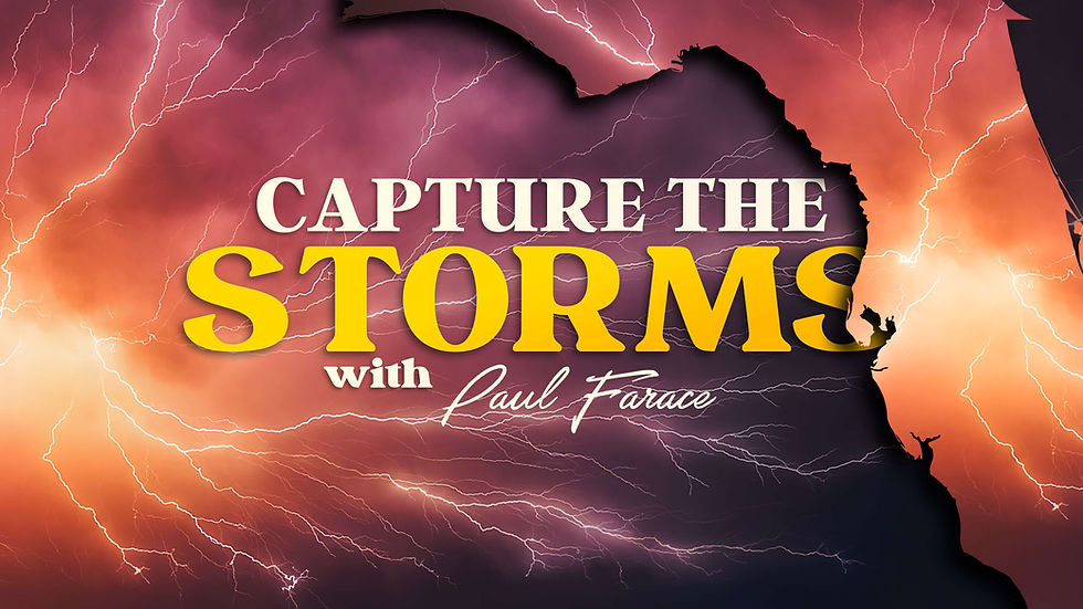 Stormy lightning background with Capture the Storms with Paul Farace in bold white and yellow text.