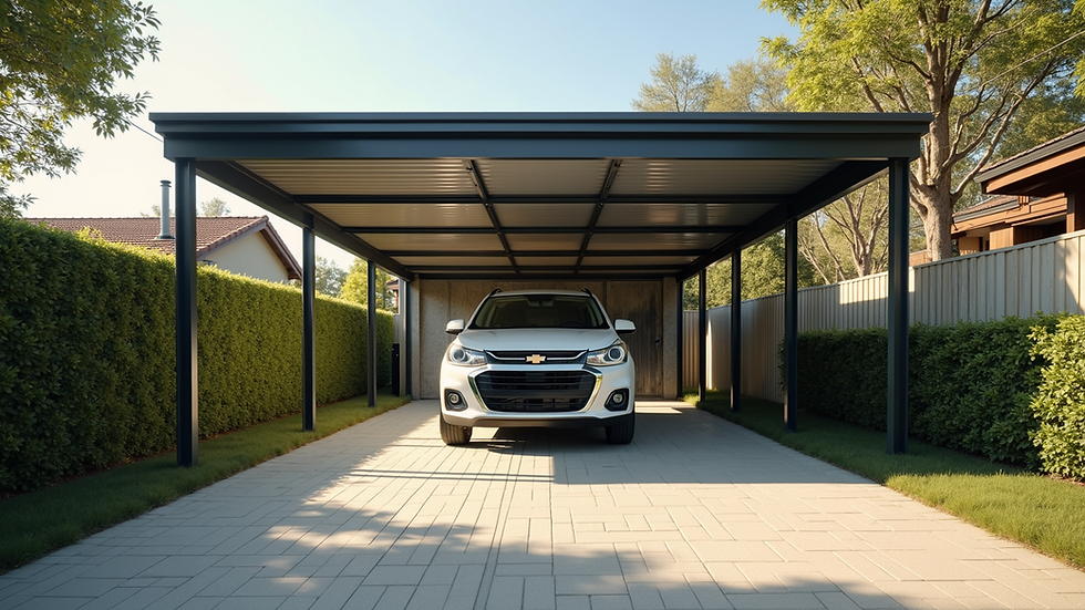 Eye-level view of a sturdy metal carport protecting a vehicle in a sunny driveway