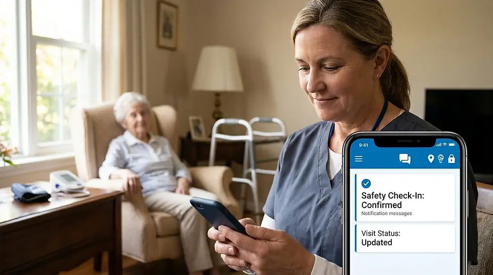 Home health nurse sending a safety check-in text from a patient's home