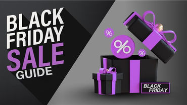 Black Friday sale guide graphic featuring gift boxes, discount icons, and bold Black Friday text, representing promotions, offers, and marketing strategies for high-impact holiday campaigns.