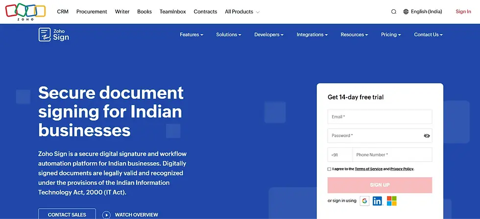 Home page of ZOHO sign