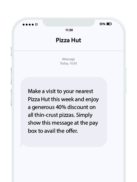 Special offer text message sent by Pizza Hut for its customers