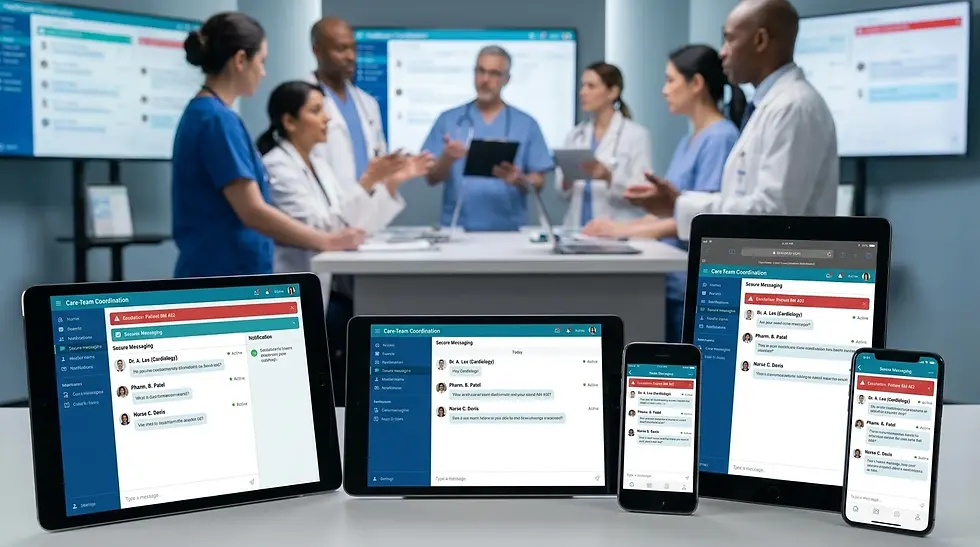 Care team dashboard showing on-call presence and threaded patient messages