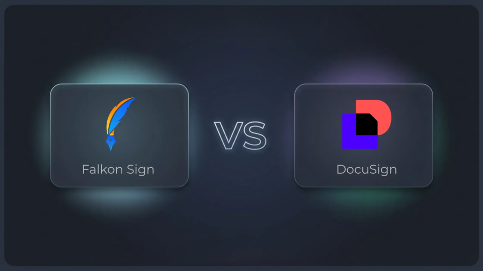 Graphic comparing Falkon Sign and DocuSign, with both logos displayed on a dark gradient background and “VS” centered between them, indicating a side-by-side comparison.