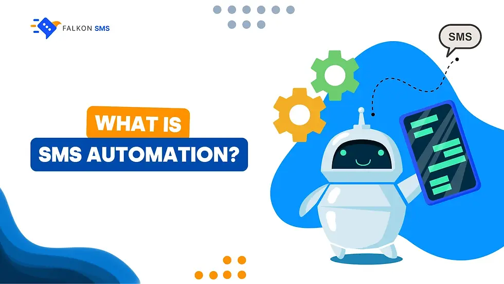 a robot holding a phone displaying text message conversations, symbolizing SMS marketing automation