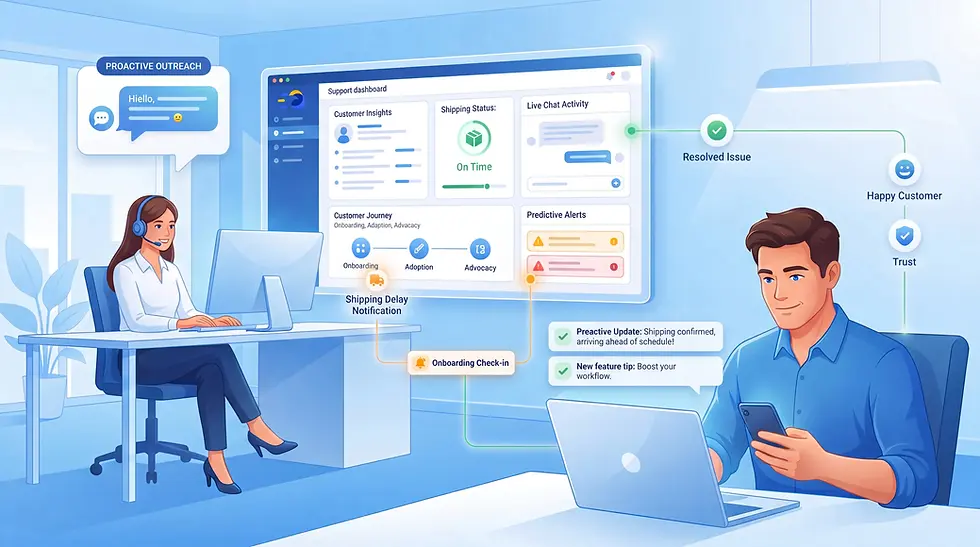 Illustration of proactive customer service showing support agents monitoring customer data, sending proactive updates, and preventing customer issues before complaints arise.