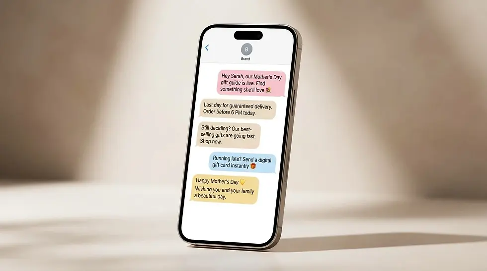 Phone screen showing a sequence of Mother's Day promotional text messages