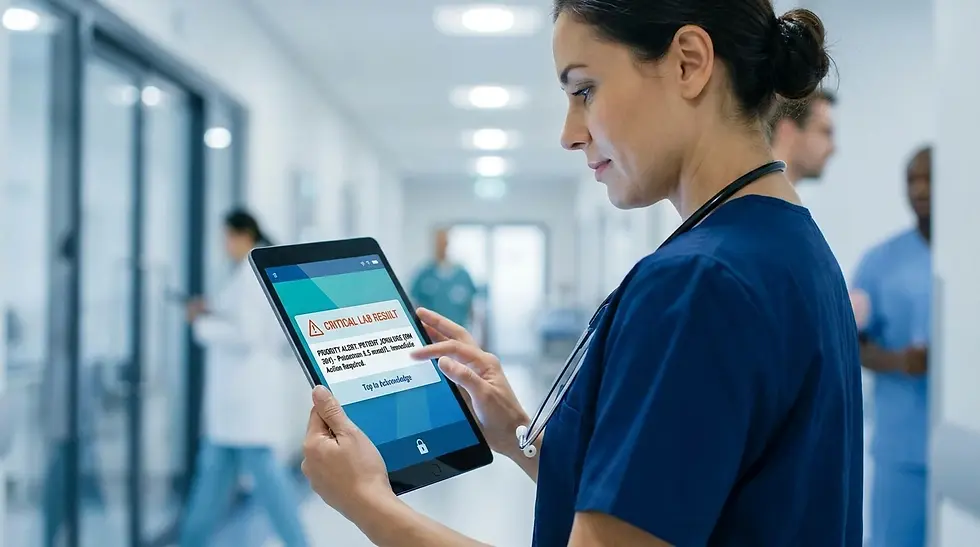 Nurse receiving a critical EHR alert text on a tablet at a workstation