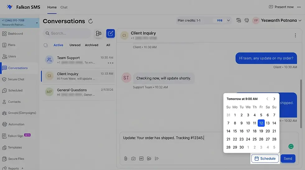 Falkon SMS dashboard showing shared team inbox, two-way messaging conversations, and scheduled message features.