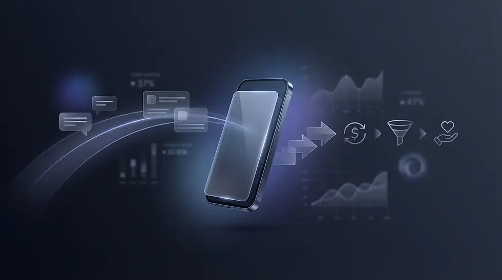 Illustration of a smartphone with SMS messages flowing through a marketing funnel, showing conversion and customer journey stages.