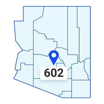 Map highlighting the local area code's region with a pin indicating area code