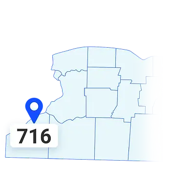 Map highlighting the local area code's region with a pin indicating area code