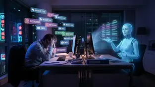 Overwhelmed small business owner handling multiple customer channels like website chat, Instagram, email, and WhatsApp, while an AI chatbot assistant manages conversations on a computer screen in a modern office setting.