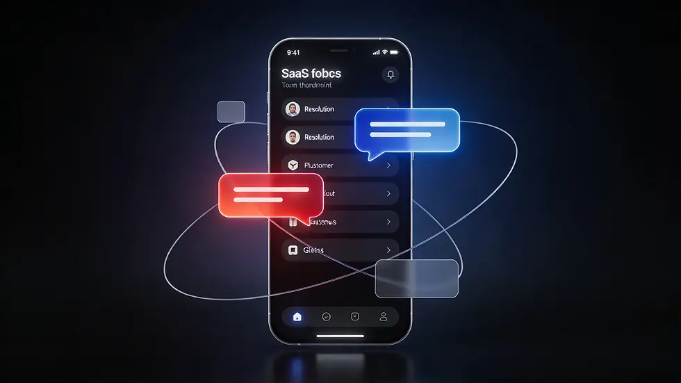 Illustration of a smartphone displaying a customer support messaging interface with red and blue chat bubbles, representing a conversation between a business and an angry customer in a SaaS communication platform.
