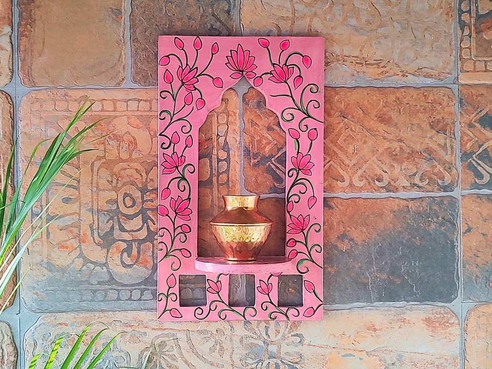 Thumbnail: Handpainted wooden wall shelf in pink with floral motifs, handcrafted Indian decor piece for diya display and gifting