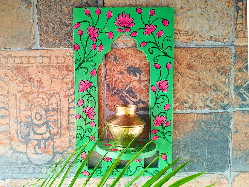 Thumbnail: Handpainted wooden wall shelf in green with floral motifs, handcrafted Indian decor for diya display and elegant home styling