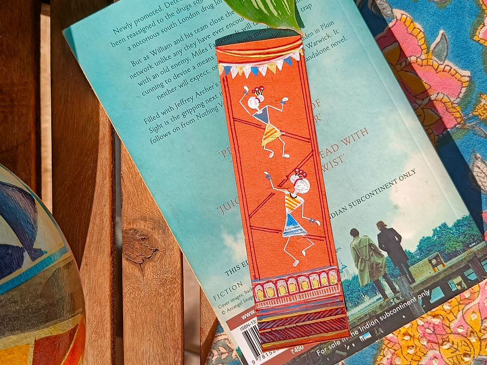 Thumbnail: Hand painted paper bookmark with Warli art figures, aesthetic handmade reading accessory for gifting India