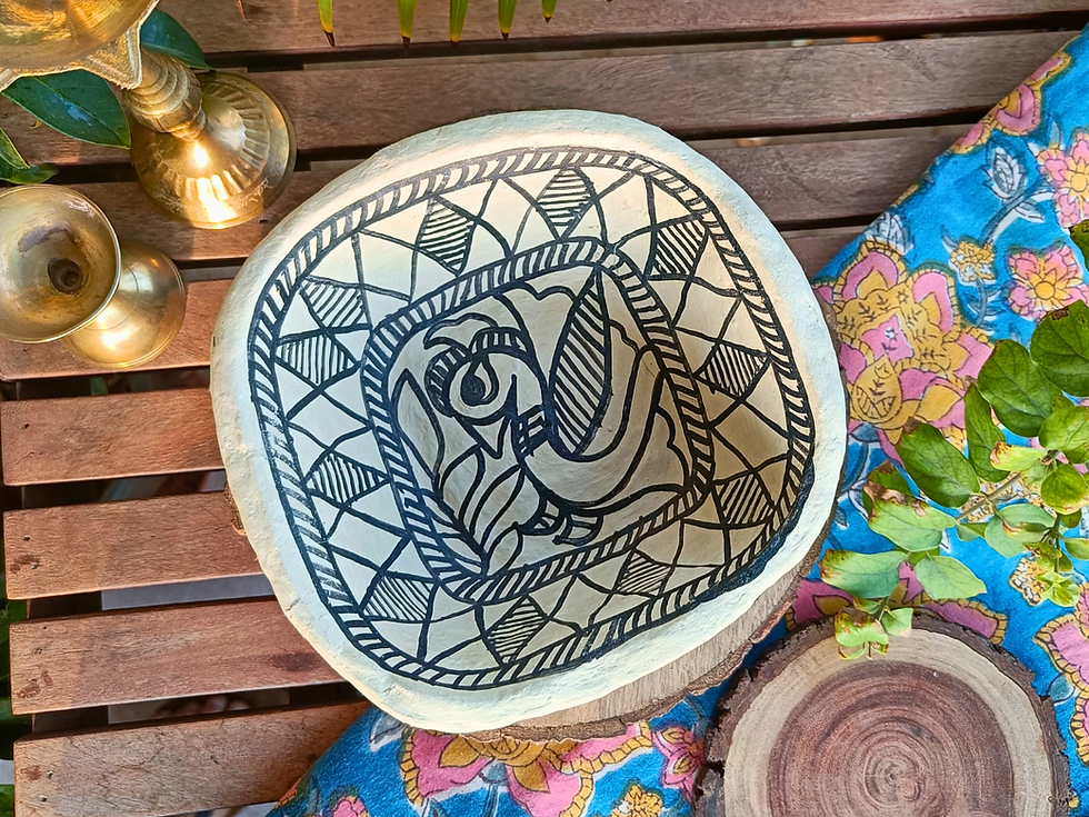 Thumbnail: Hand painted Madhubani paper mache bowl with black folk art bird design, elegant decor piece for gifting and table styling