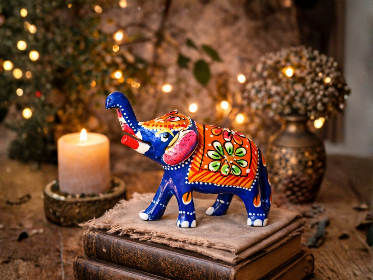 Handpainted blue elephant figurine, handcrafted Indian decor piece for festive home styling and meaningful gifting