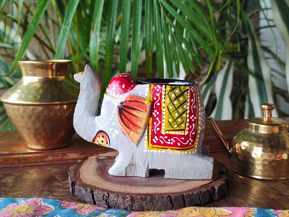 Thumbnail: Handpainted grey wooden elephant tealight holder with colorful detailing, handcrafted Indian decor for warm ambience and gift