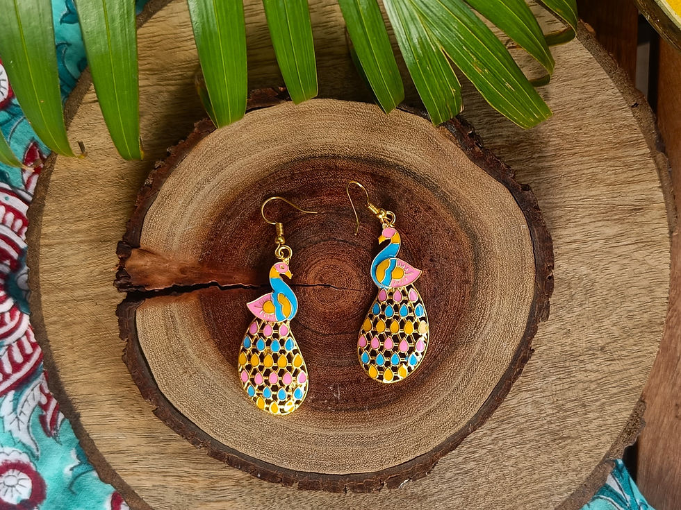 Thumbnail: Handmade metal peacock meenakari earrings with colorful enamel work, statement ethnic jewelry for gifting and festive wear In