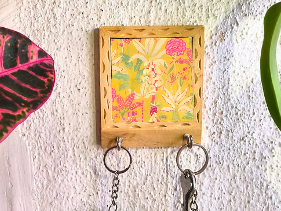 Thumbnail: Handcrafted wooden key holder with tropical floral print, vibrant Indian wall decor for key organization and gifting