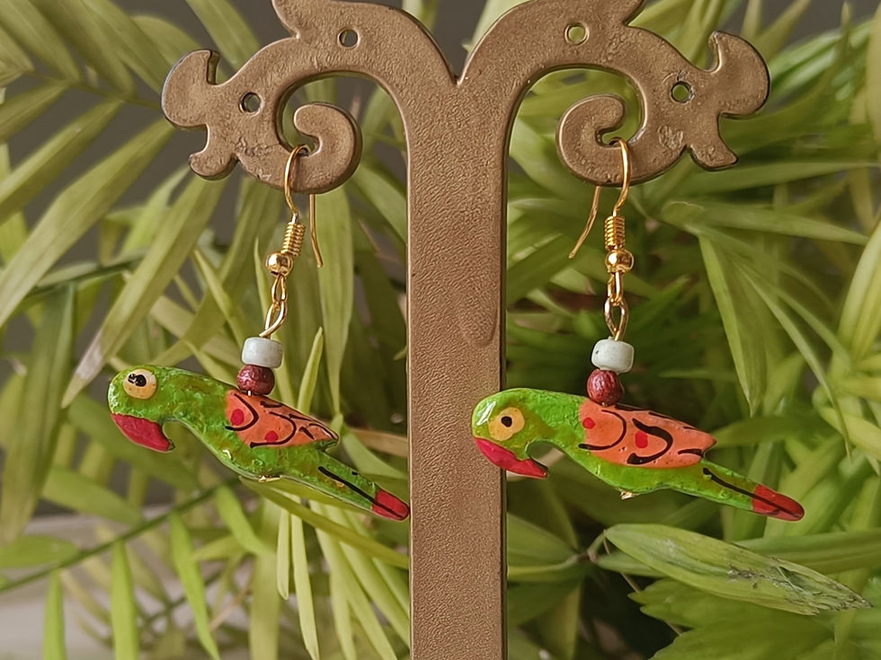 Thumbnail: Bright pink hand-painted wooden bird earrings, handmade artisan jewellery for women and meaningful gifting