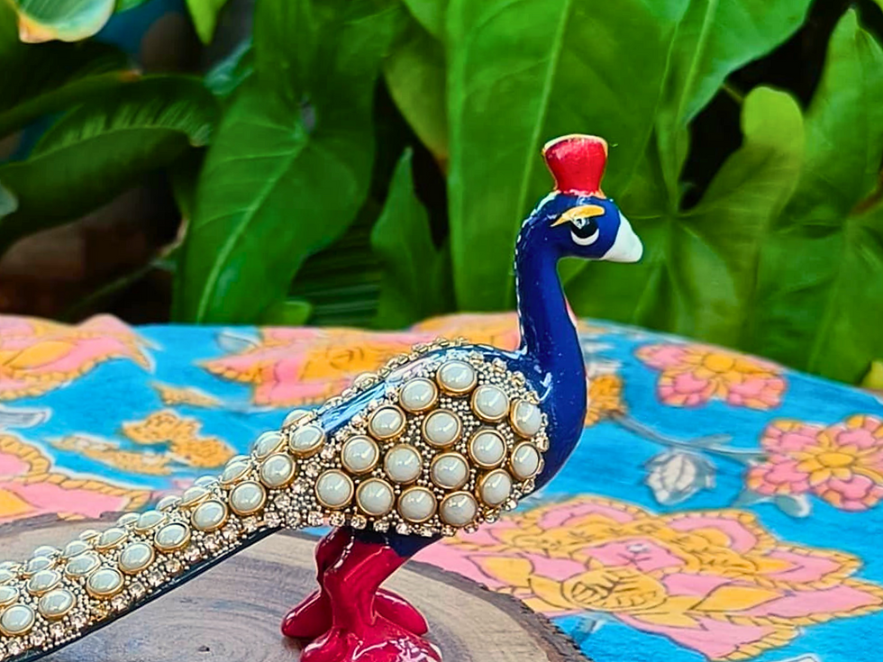 Thumbnail: Handmade blue metal peacock figurine with pearl embellishment, Indian handicraft decor piece for elegant gifting and home sty