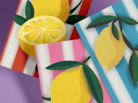Three illustrated cards featuring lemons on colorful striped backgrounds. The cards include a whole lemon, a halved lemon, and two lemons with green leaves, set against red, pink, and blue stripes.