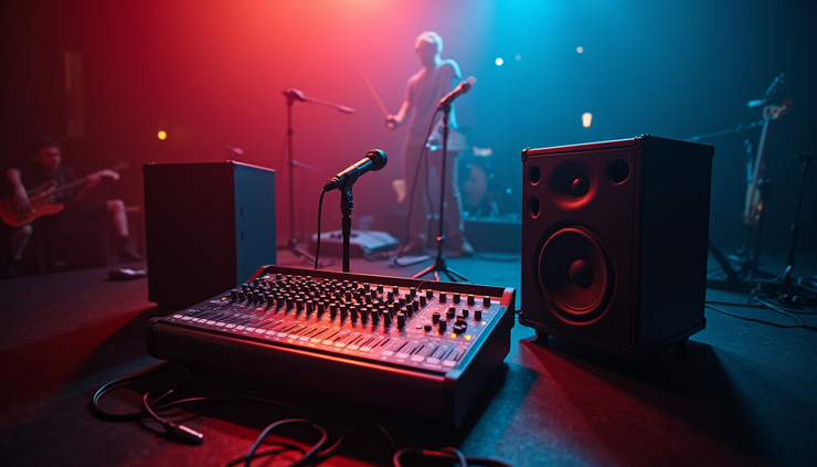 High angle view of a compact live sound setup with microphone, mixer, and portable PA speakers
